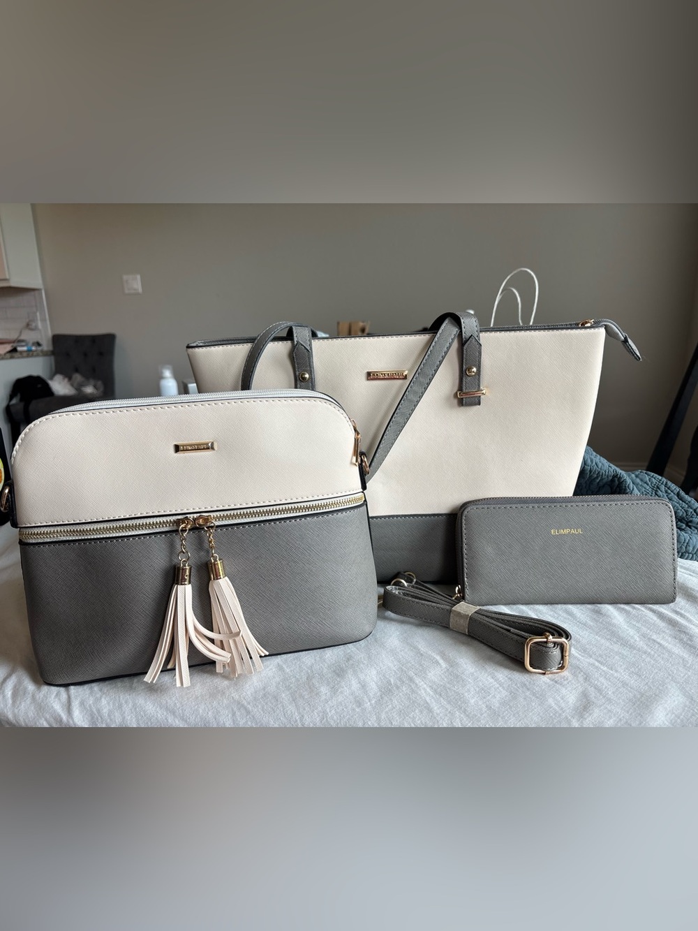 NEW Classic Gray Cream Colorblock Tote Purse Faux Leather Shoulder Bag Wallet